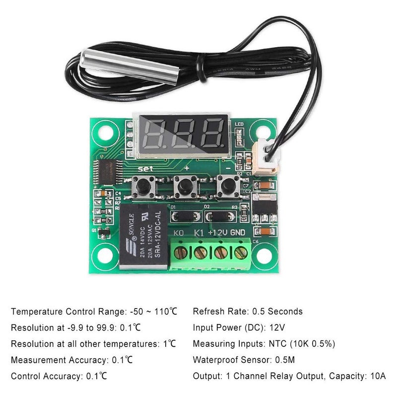 AITRIP 3PCS W1209 12V DC Digital Temperature Controller Board with 10A One-channel Relay and Waterproof Micro Digital Thermostat -50-110Â°C Electronic Temperature Temp Control Module Switch (With Case) - Image 3